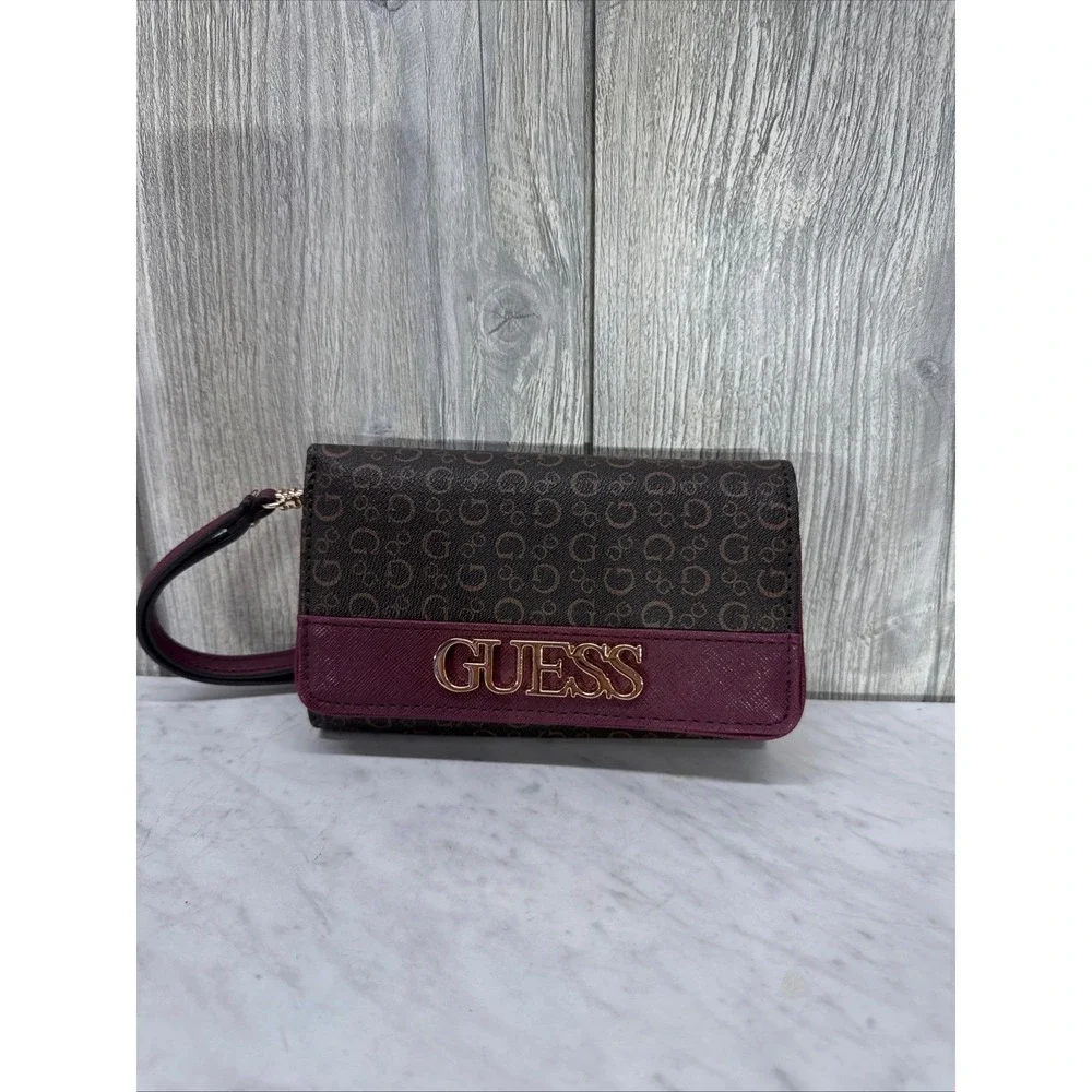 Guess Womens Monogram Logo Wristlet Wallet Brown Burgundy Gold Hardware